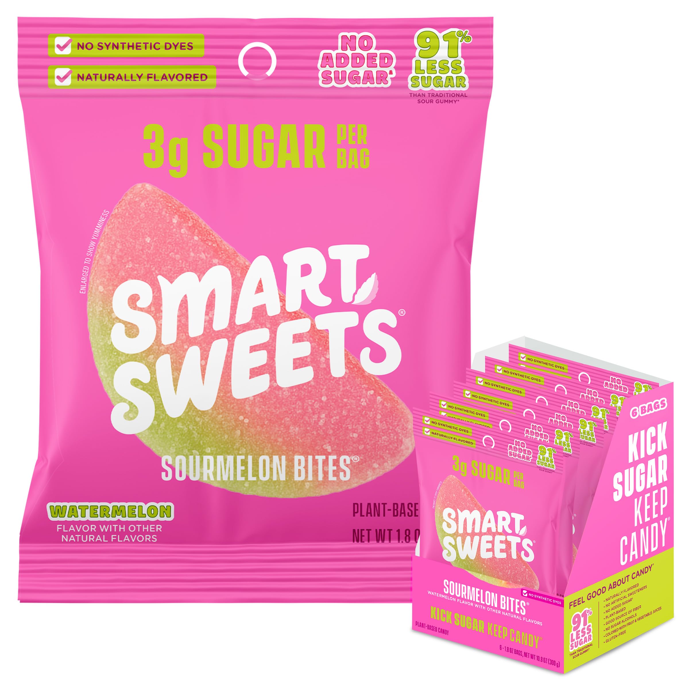 SmartSweets Sourmelon Bites, Low Sugar Sour Gummy, 0.78oz Bags, 6 Pack