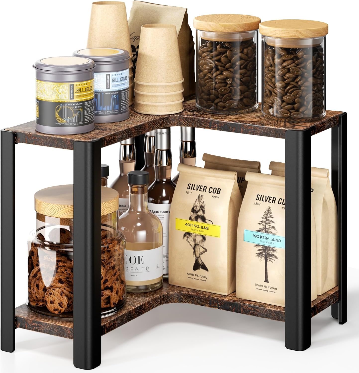 niffgaff Regal für Kaffee-Ecke & Arbeitsplatte – kleiner Organizer für Küche & Kaffeeecke, platzsparendes Eckregal aus Holz & Metall, 2-stufig, Vintage Brown