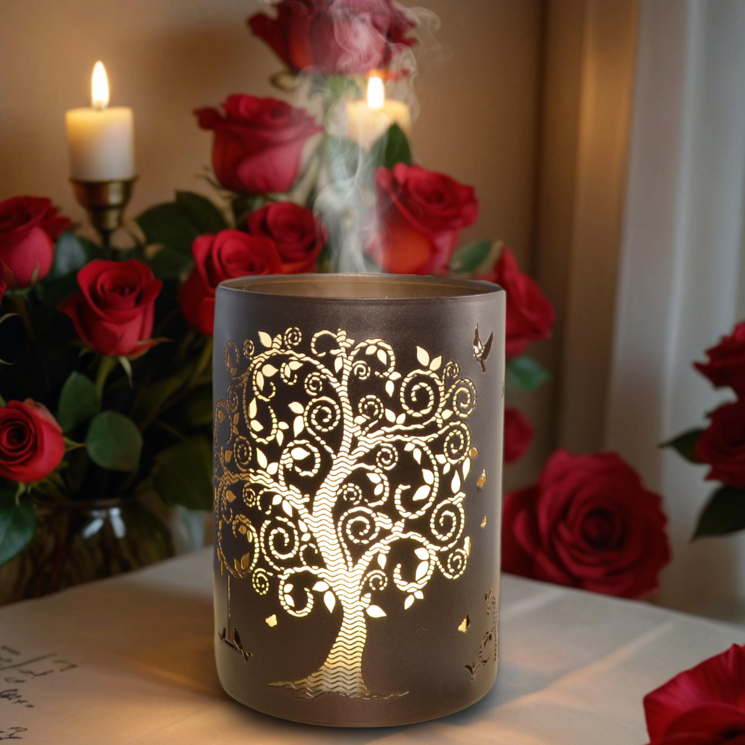 ZEN ARÔME Diffuseur d’Huile Essentielle Vita – Diffuseur Ultrasonique Aromathérapie à Froid - Diffuseur Électrique Parfum Maison avec Télécommande - Éclairage LED Effet Bougie – en Métal et Verre