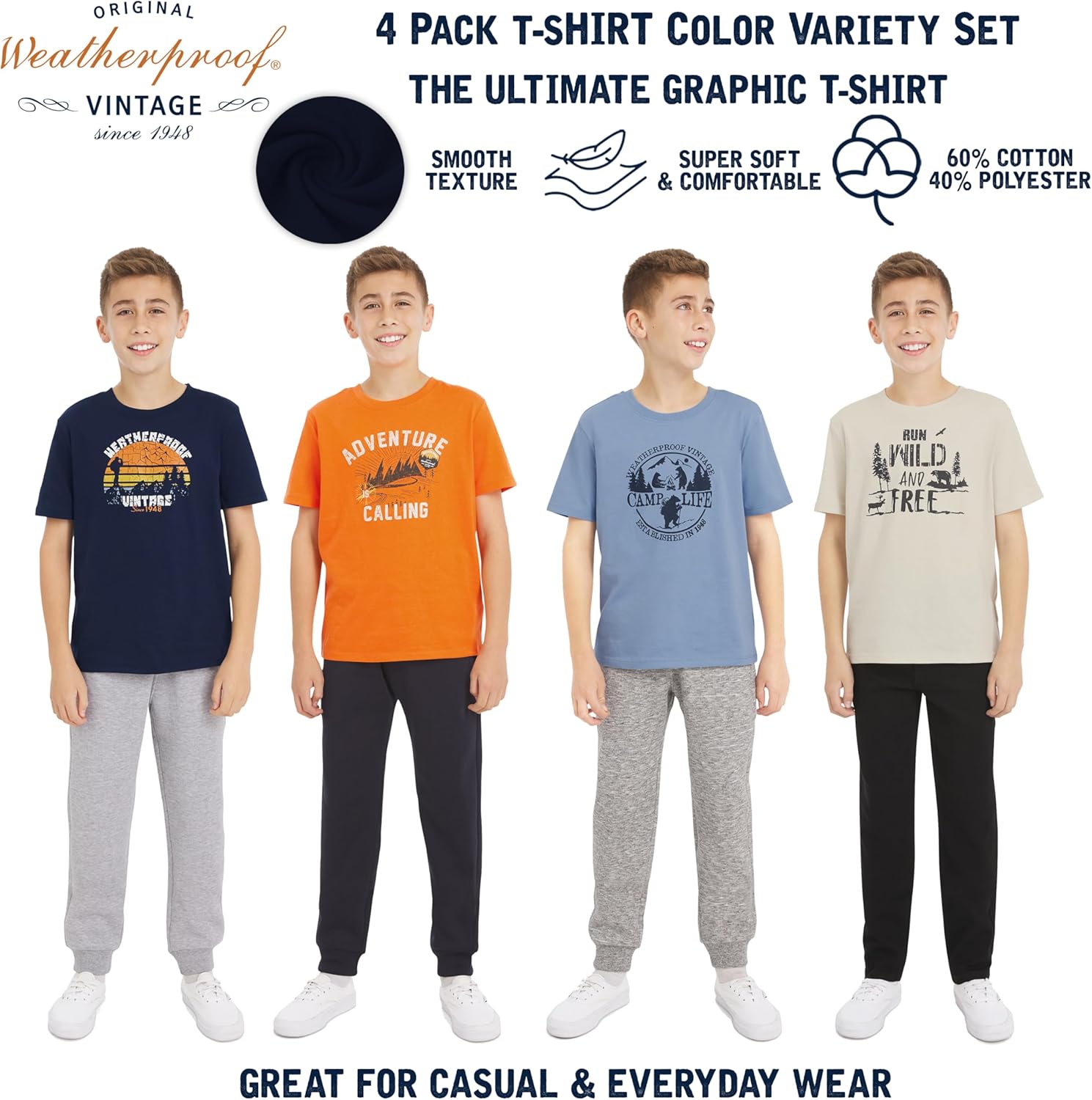 Weatherproof Vintage Boys' 4 Pack Variety Super Soft Stretchable Tee Short Sleeve Graphic T-Shirt