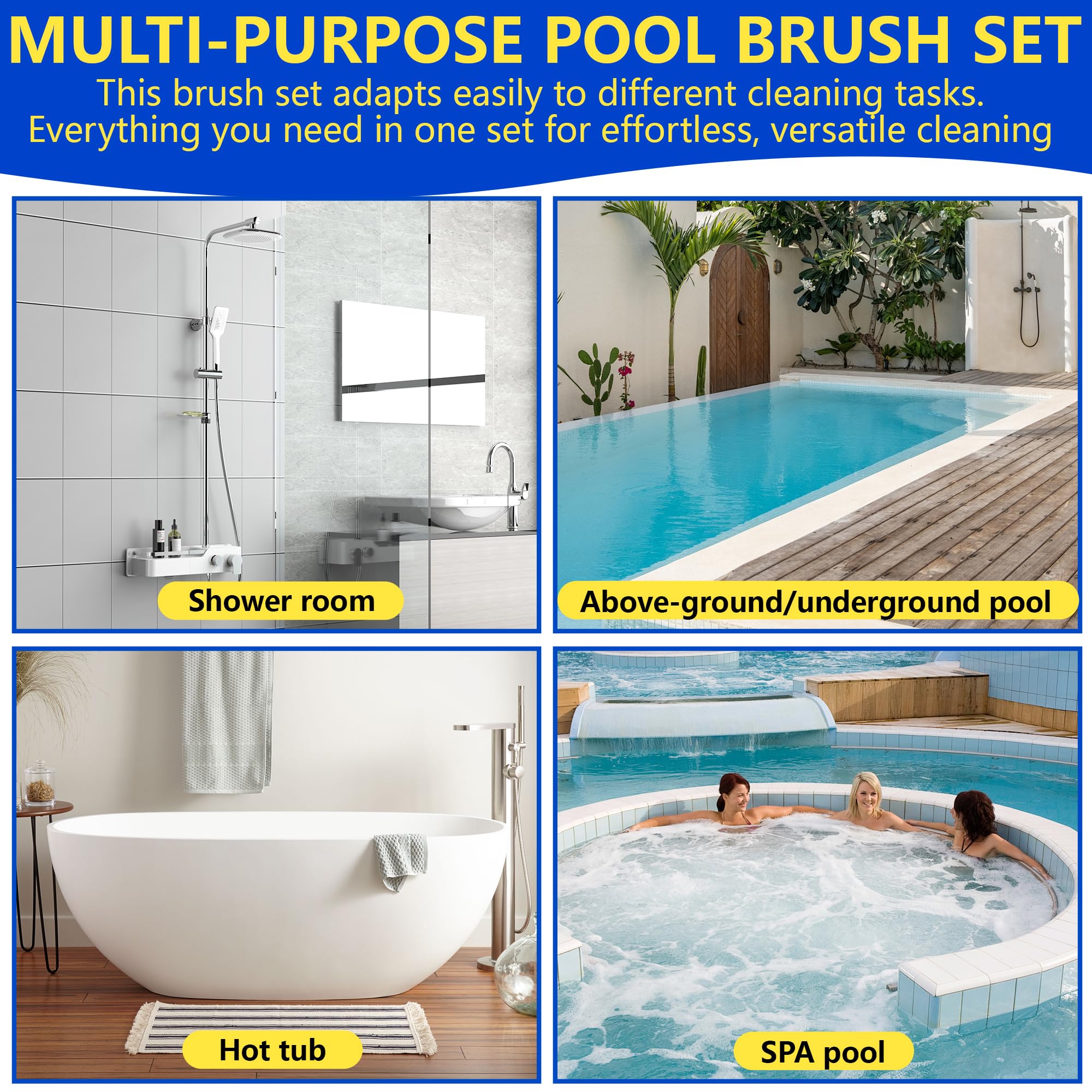 Poolbürste Set - Pool Reinigungsbürste und Pool Schwamm Bürste - Edelstahl Poolbürste Mit Griff Schwimmbadbürste für Folienpool Whirlpool Wände, Böden,Tegels