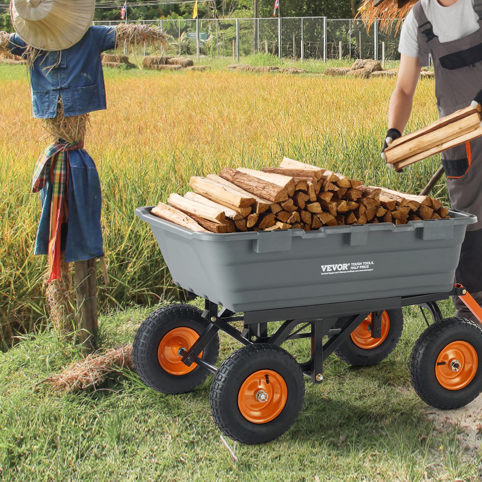 VEVOR Chariot à Benne basculante, capacité de Charge 680 kg​, Chariot de Jardin en polyéthylène Robuste avec Cadre en Acier, poignée Convertible 2 en 1, Roues 330 mm, brouette Utilitaire pour pelouse