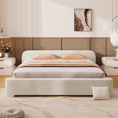 Cama de plataforma tapizada en forma de curva con cabecera curva, marco de cama de madera tamaño Queen para niños y adultos, muebles de dormitorio,