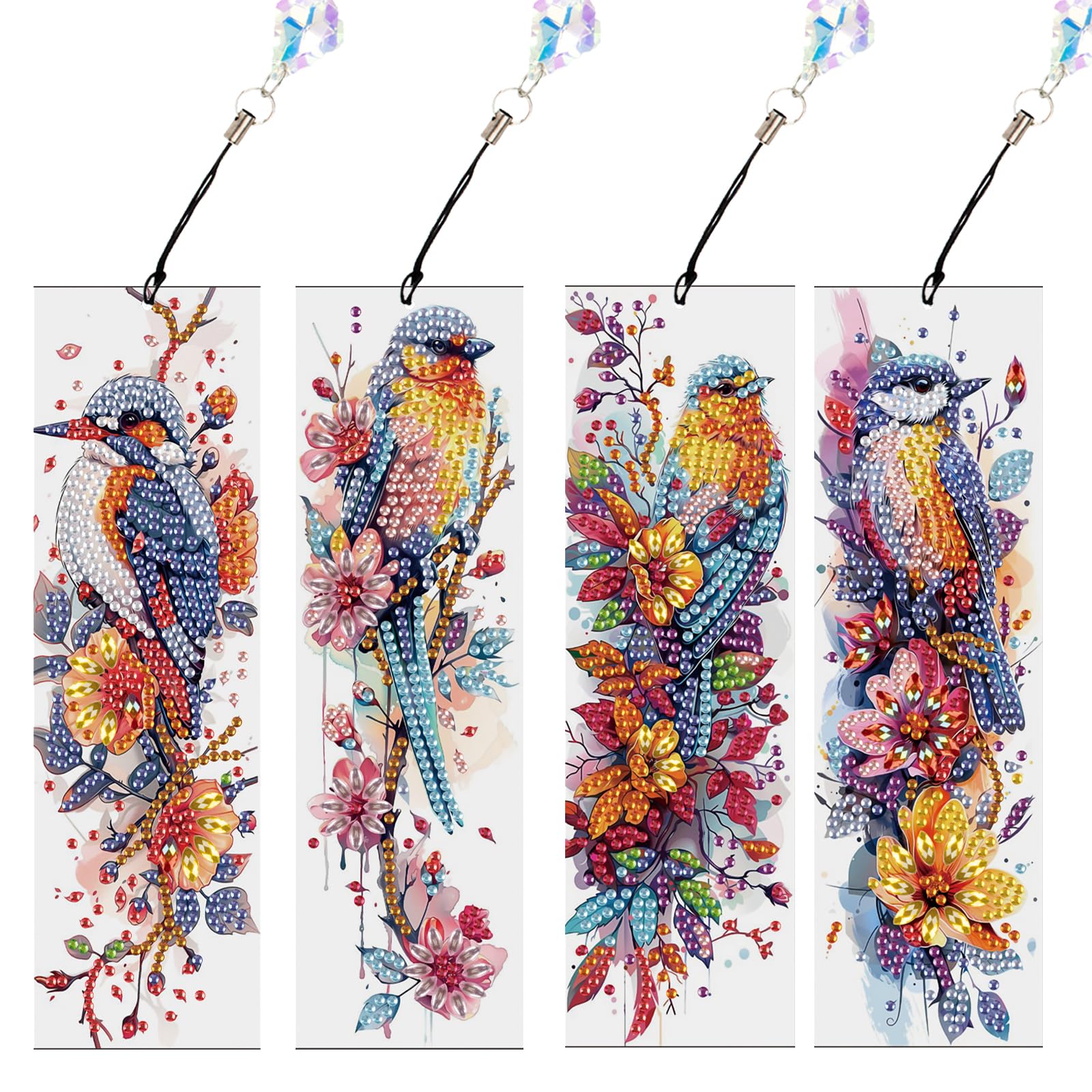 JISHSHAY 4 PCS Bird Diamond Painting Bookmarks Flower Diamond Art Book Marks for Reading Gem Art Bookmarkers Gem Painting Book Markers Embroidery Kit Special Shaped Drills with Crystal Pendant