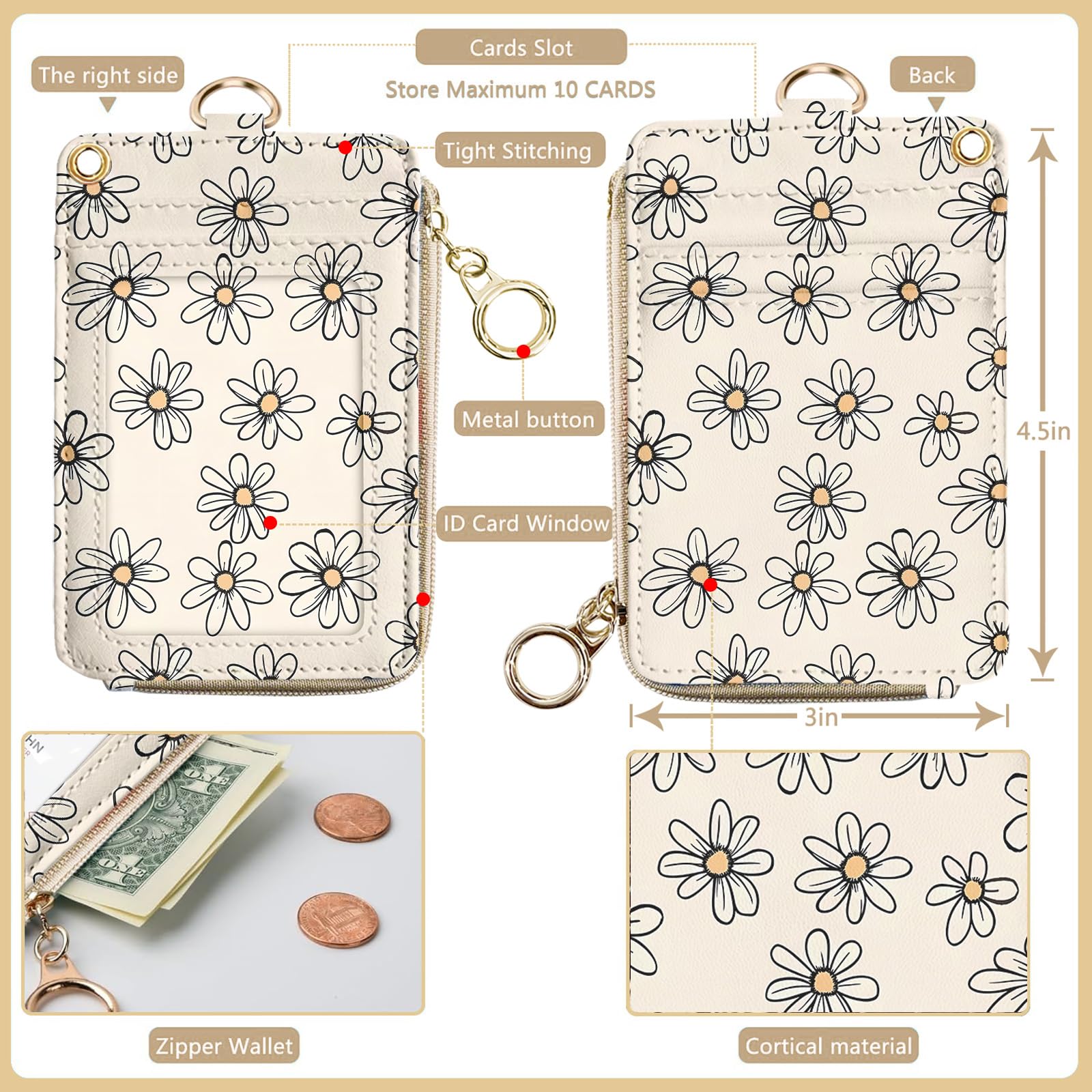 Bolimoss Daisy Lanyard for ID Badges Keys, 2-in-1, Cute Floral Pattern, ID Badge Holder, Wallet, PU Leather, Card, Name Tag, Protection - Image 4