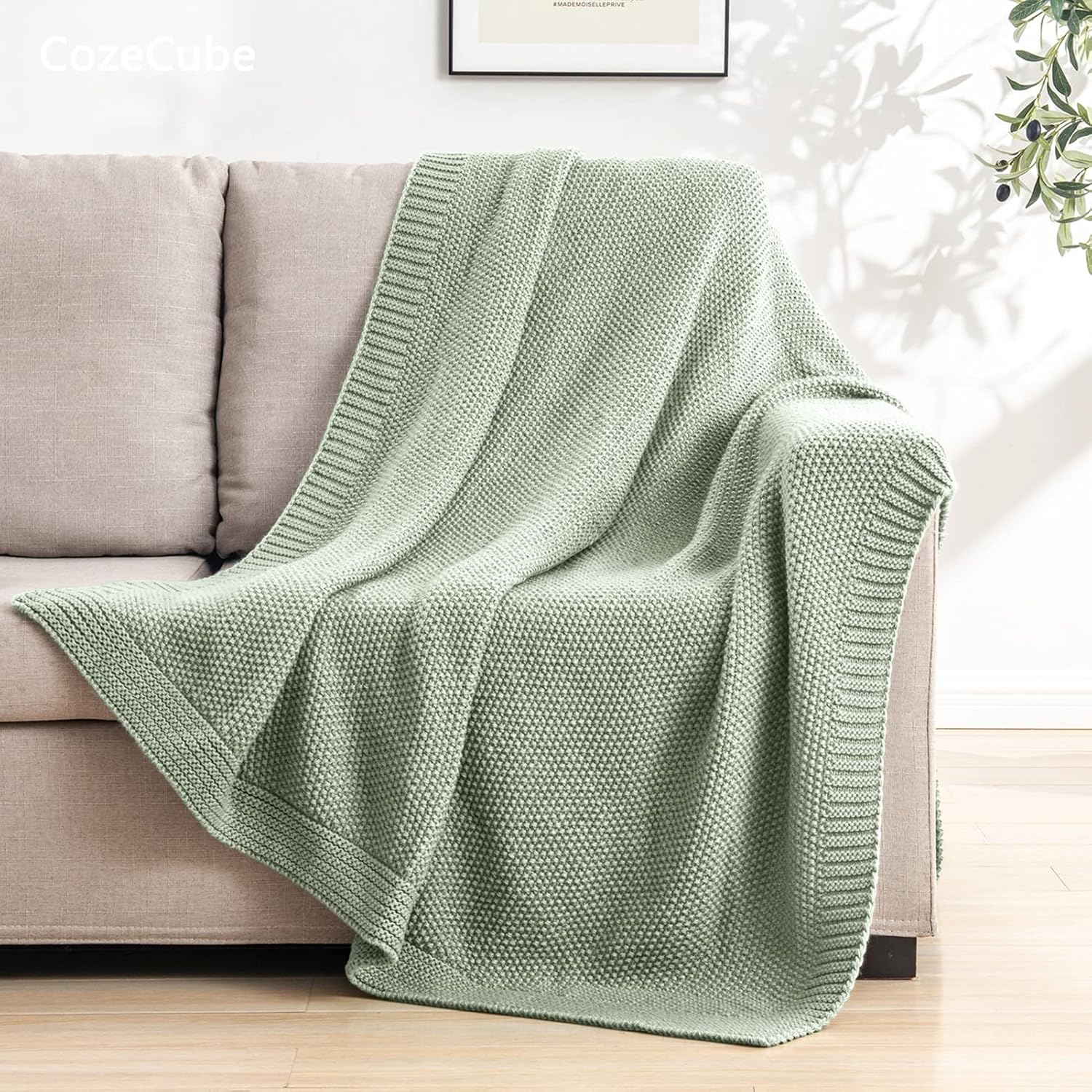 CozeCube Sage Green Throw Blanket for Couch, Soft Cozy Cable Knit Throw for Bed Sofa Living Room, Lightweight Warm Decorative Farmhouse Christmas Blanket, 50"x60", Sage Green - Image 3
