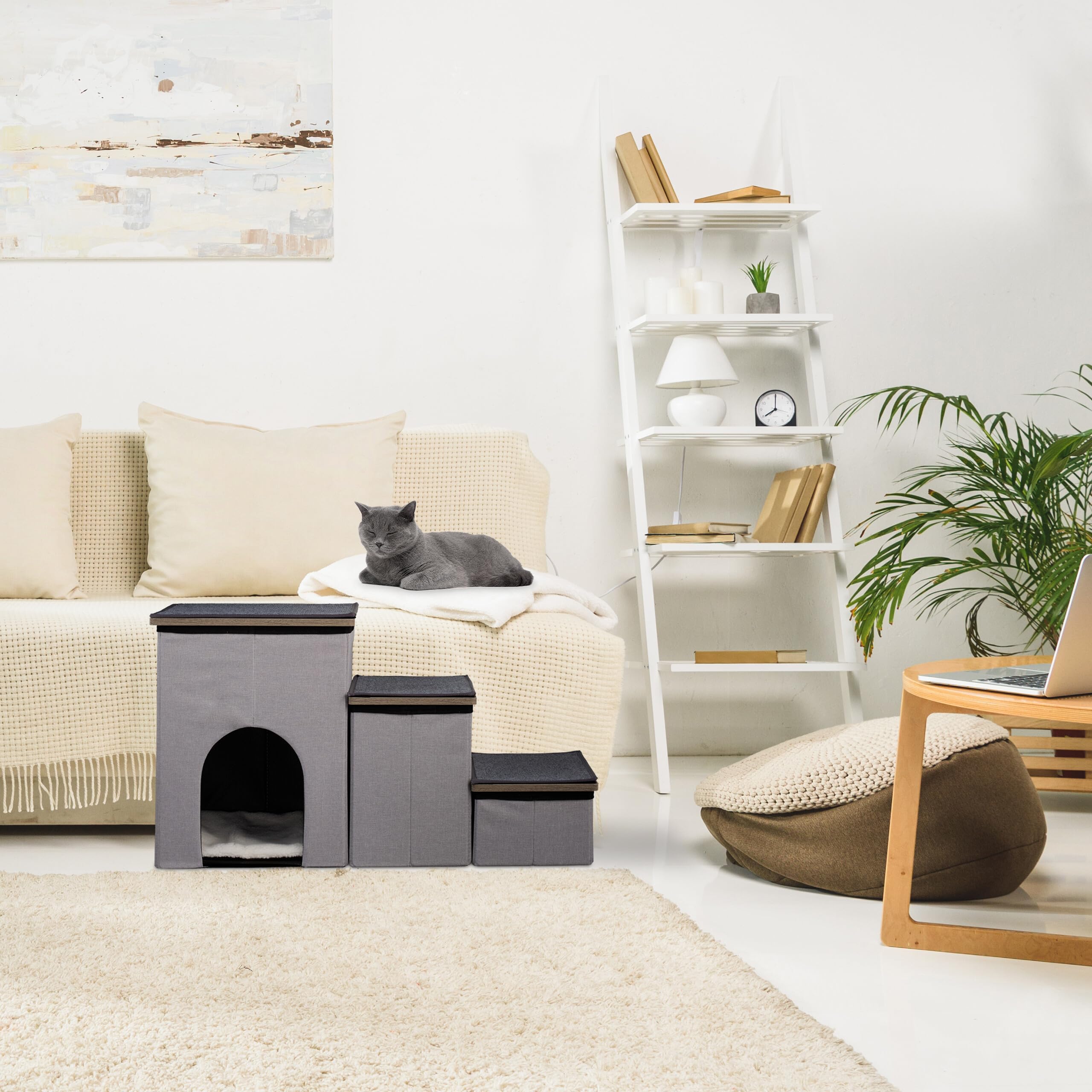 Relaxdays Scaletta a 3 Gradini con Cuccia per Cani e Gatti, Scala per Letto e Divano, con Box, HLP 41,5x72x33 cm, Grigio