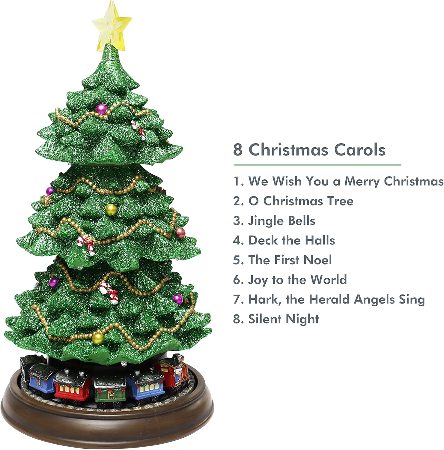Rotating Trains Tiered Christmas Tree, Christmas Tabletop Decor with LED Lights and Christmas Music - Power Adapter (Included) (15.7" H x 8.3" W x 8.3" D) by Moments in Time