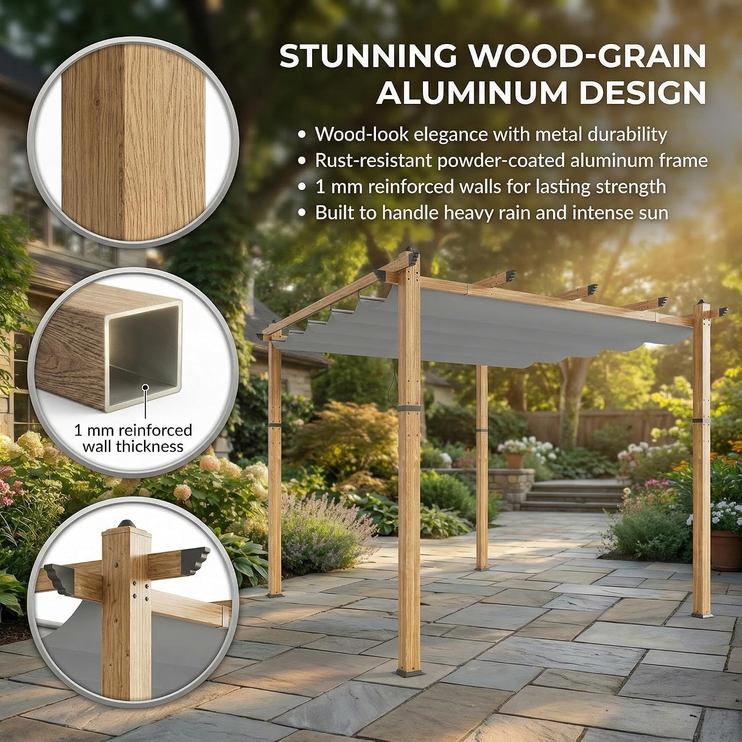 Outdoor Pergola 10x10 ft, Wood-Grain Aluminum Patio Pergola with Retractable Canopy for Backyard, Deck, Porch, Sun Shade Shelter, Grey