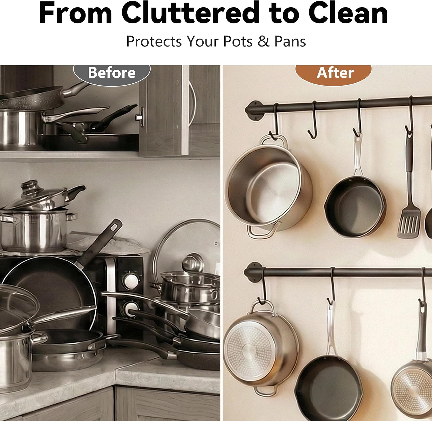 Black Steel-made Kitchen Utensil Rack Organizer Wall-mounted Pot Pan Wall Hanger Holder For Hanging Rail with 10 S Hooks