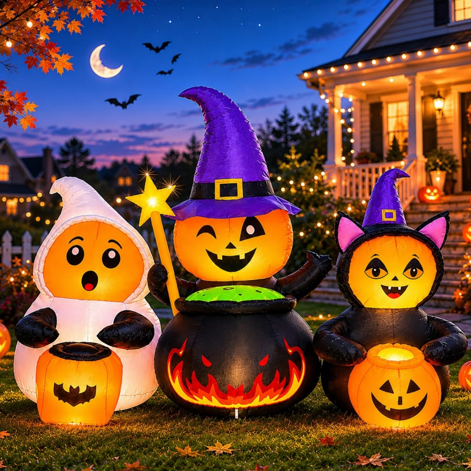 7FT Halloween Inflatables Costumed Pumpkin Trio Party Yard Decoration | Lighted Blow Up Ghost, Witch and Black Cat Party Design, Built-in LED Lights for Yard, Garden, Porch and Halloween Decor