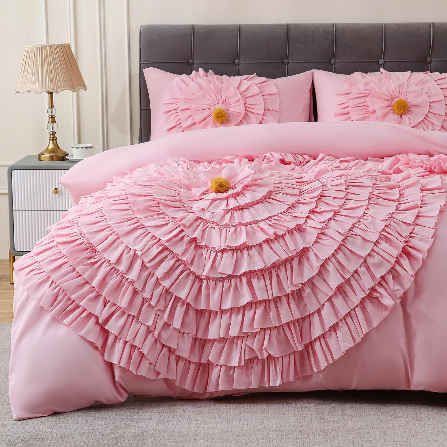Boho Duvet Cover Queen Size - Boho Ruffle Princess Bedding, Pink Ruffle Queen Duvet Cover for Women Teen Girls, 3 Pieces Washed Microfiber Tufted Floral Home Bedding (Pink, 90" x 90")