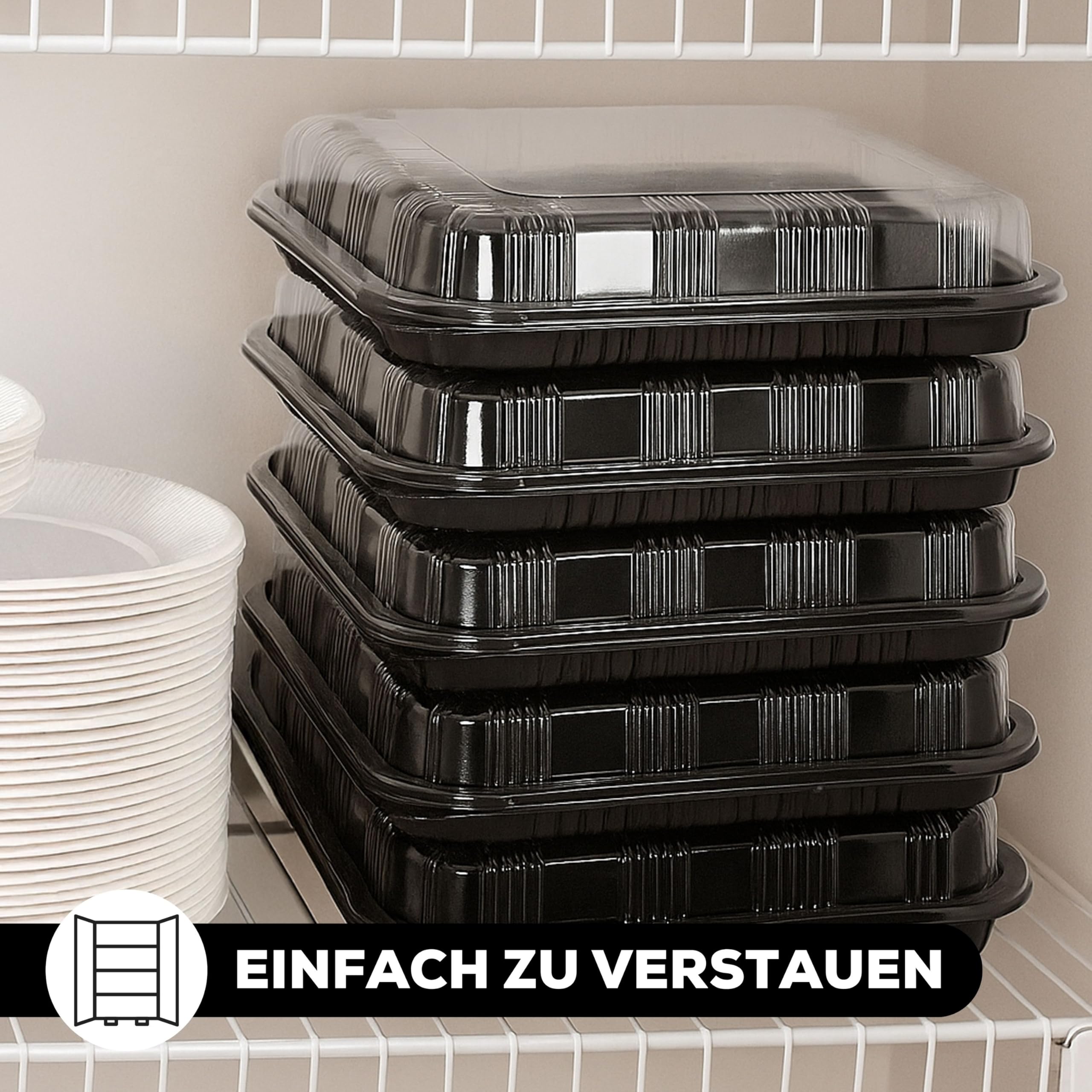 5er-Set Serviertabletts – 34 x 24 x 7,5 cm Servierplatte mit Deckel für Buffet Zubehör Partys und Catering, Einweg Inklusive Sticker-Etiketten