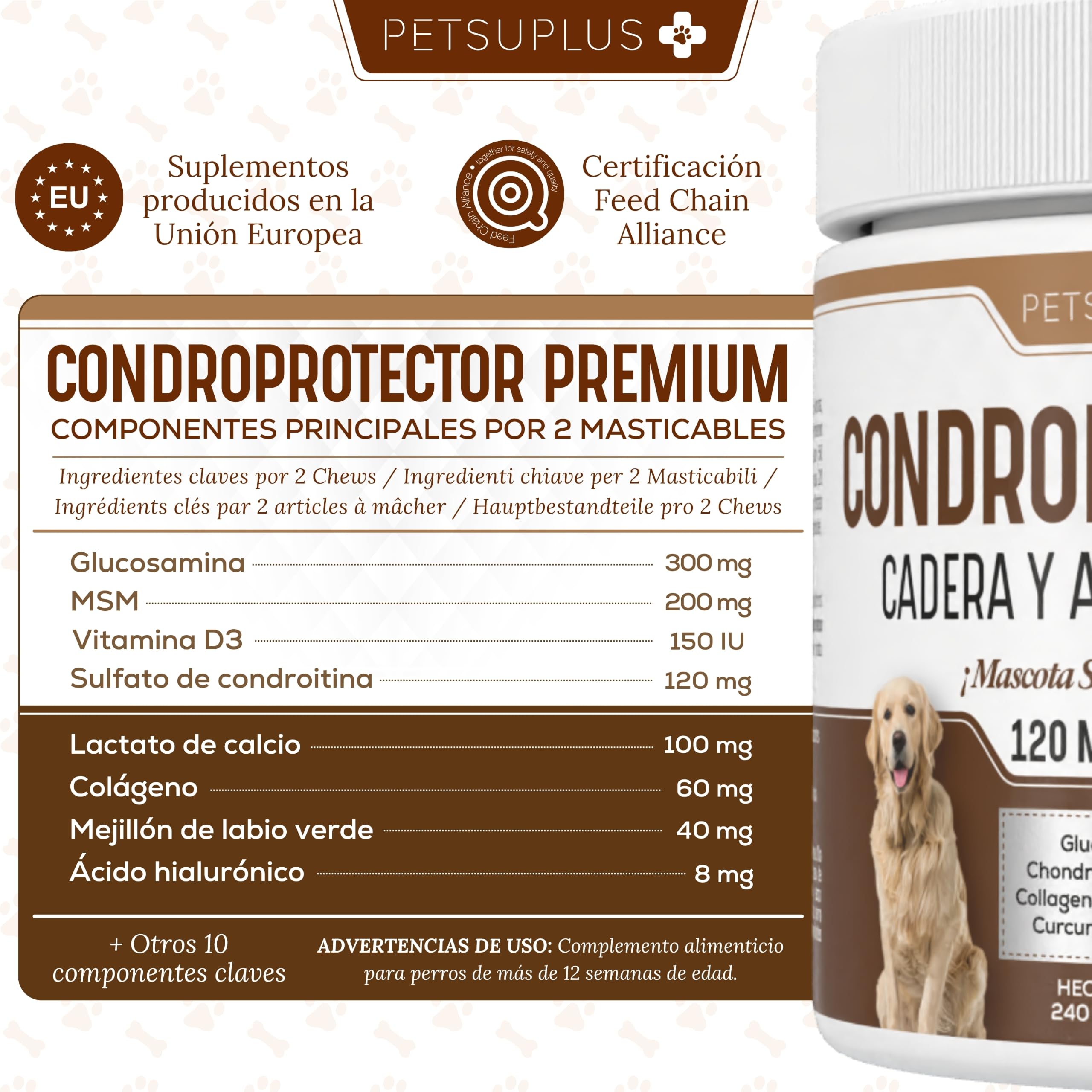 Condroprotector Perros - Glucosamina, MSM, Condroitina, Colageno, Acido Hialuronico - Fortalece los cartilagos y Protege Las articulaciones - Antiinflamatorios Naturales - 120 masticables