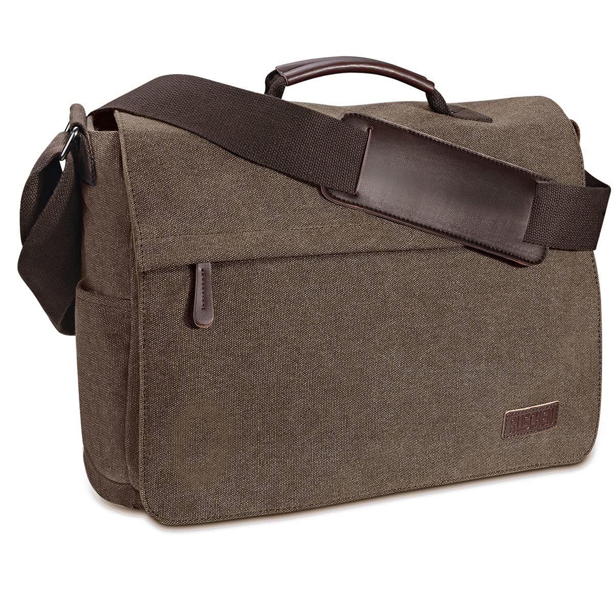 Ruschen Umhängetasche Herren aus Canvas, Herrentasche/Arbeitstasche herren, Laptoptasche für 15,6 Zoll Laptop, Schultertasche/Kuriertasche/Messenger Bag, Braun