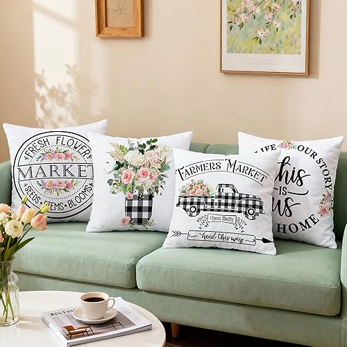 Miniatura 5 de Hexagram Juego de 4 fundas de almohada florales de granja de 16 x 16 pulgadas, fundas de almohada decorativas de primavera a cuadros de búfalo,