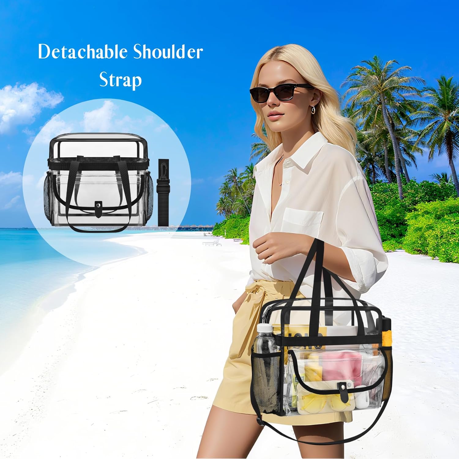 Clear Tote Bag 12x12x6 for Sports Events & Concerts,Transparent Stadium Bag with Adjustable Strap, Mesh Pockets - Image 3