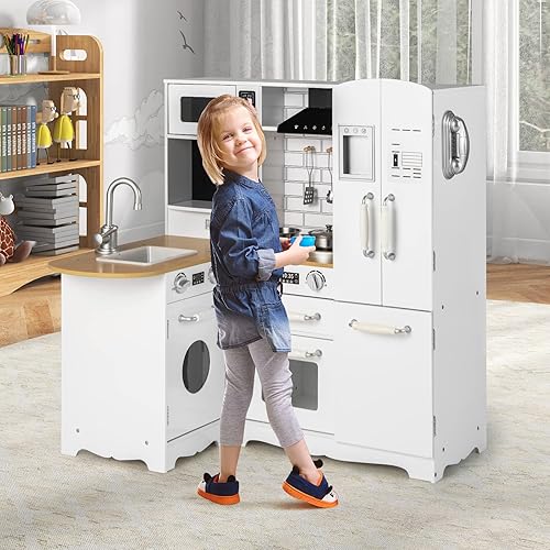 Miniatura 6 de Cocina de juego de esquina para niños, juego de cocina de juguete de madera con luces y sonidos, cocina de juego de simulación para niños con