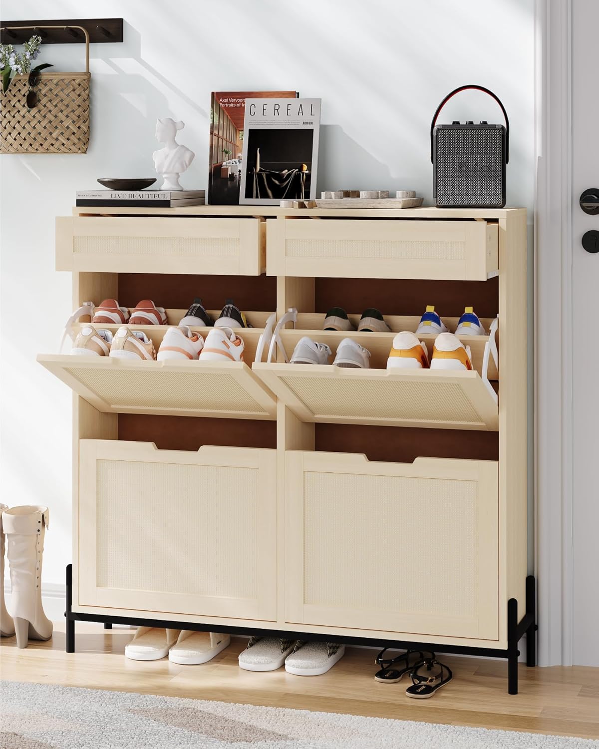 Rattan Shoe Storage Cabinet with 4 Flip Drawers & 2 Drawers, Freestanding Shoe Storage Organizer Cabinet, Farmhouse Narrow Shoe Rack with Adjustable Shelves for Hallway, Entryway, Living Room, Natural