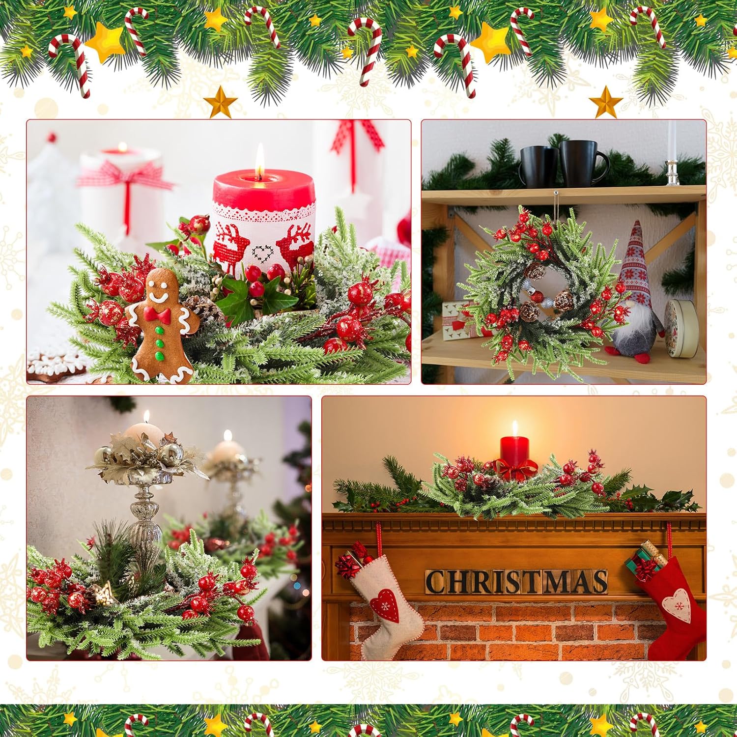 8 Pcs Christmas Candle Rings - 10 Inch Artificial Berries Pine Cone Wreaths for Pillar Table Centerpiece Decoration - Rustic Holiday Wedding Holder