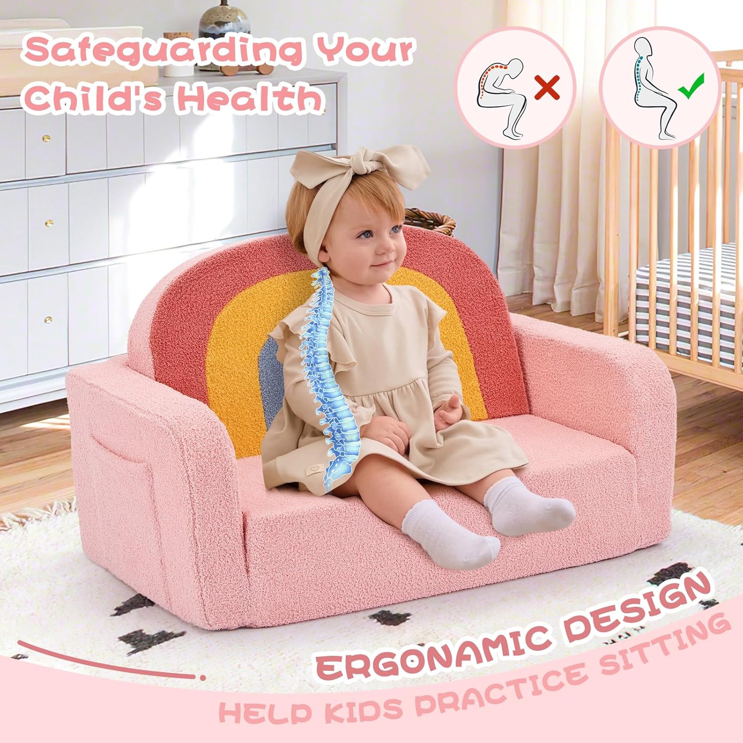 Extra Wide Kids Couch, 2-in-1 Soft Toddler Couch with Blanket, Comfy Toddler Chair, Convertible Sofa with Cute Colorful Rainbow Design, Pink - Image 6