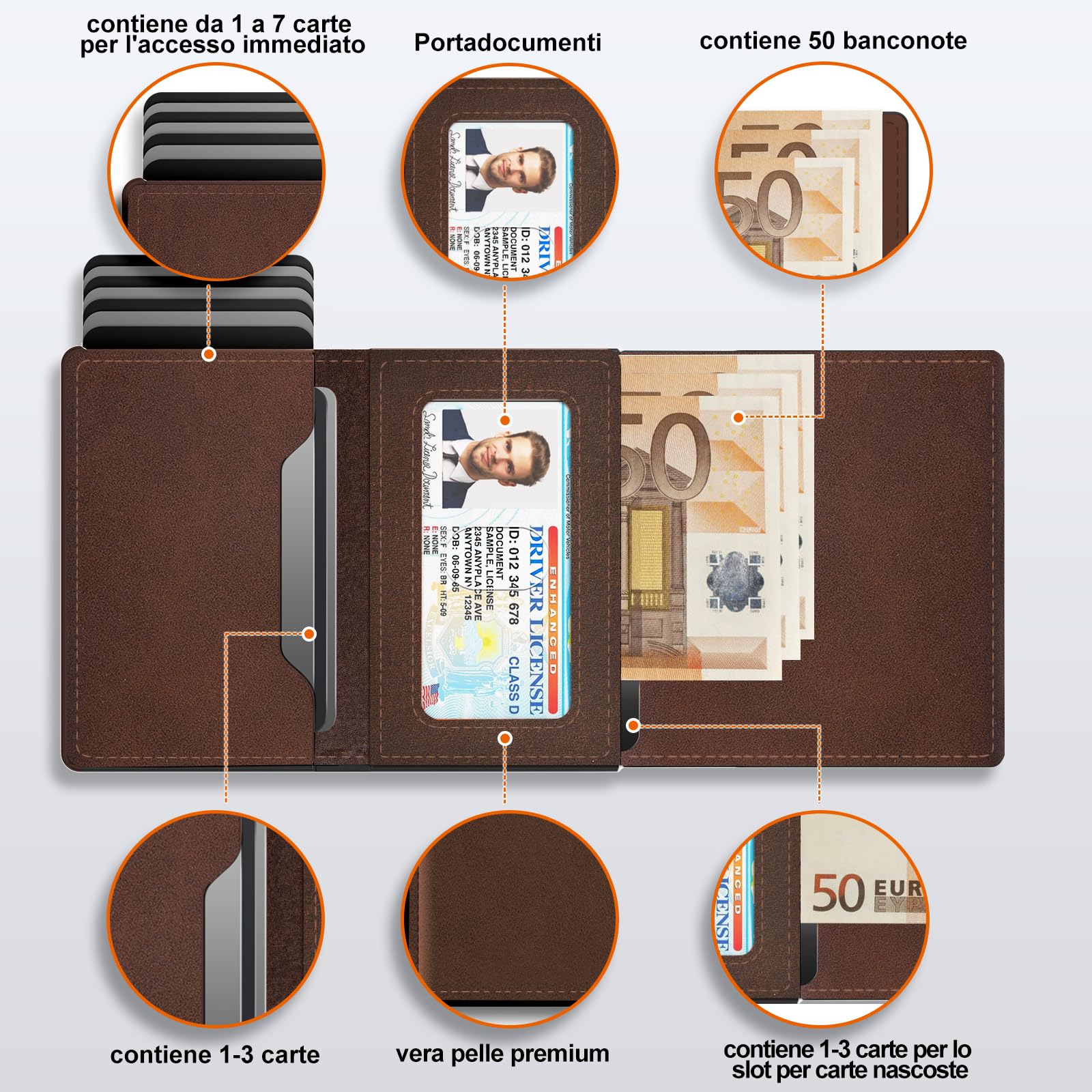 Portafoglio Uomo Slim, Porta Carte di Credito Uomo con Chiusura Magnetica e Tasca Portamonete, Portafoglio uomo Pelle, Portacarte Uomo Pop-up per 9-14 Carte | Finestra ID | Slot per Contanti Marrone