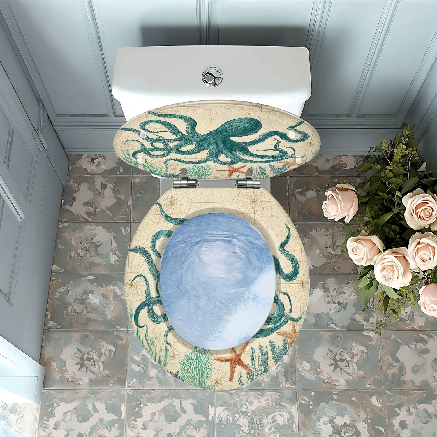 Asiento de inodoro redondo de resina para uso en el baño.