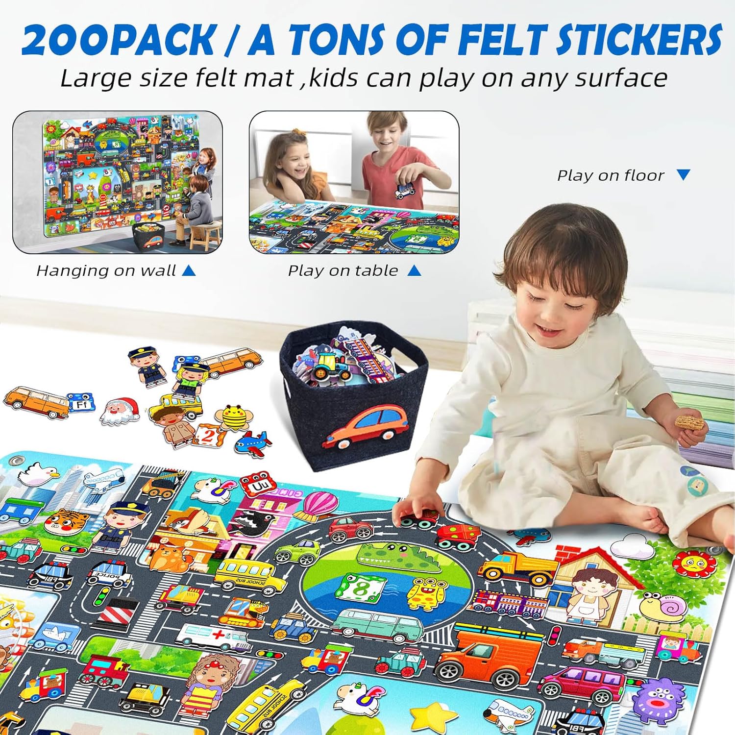 フェルトボードストーリーセット 幼児用 収納バッグ付き 200個 街の車の交通がテーマ 40 x 28インチ 教育用壁フランネルボー