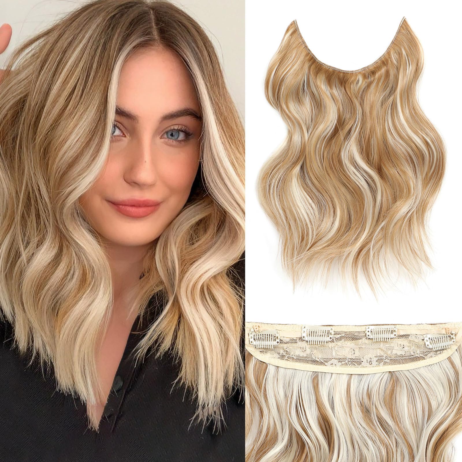 BUPPLER Halo Hair Extensions 12 Inch Invisible Wire Hair Extensions Adjustable Long Wavy Hairpiece Synthetic Upgrade 4 Secure Clips in Hairpieces 12 Inch,Golden Brown Mix Blonde
