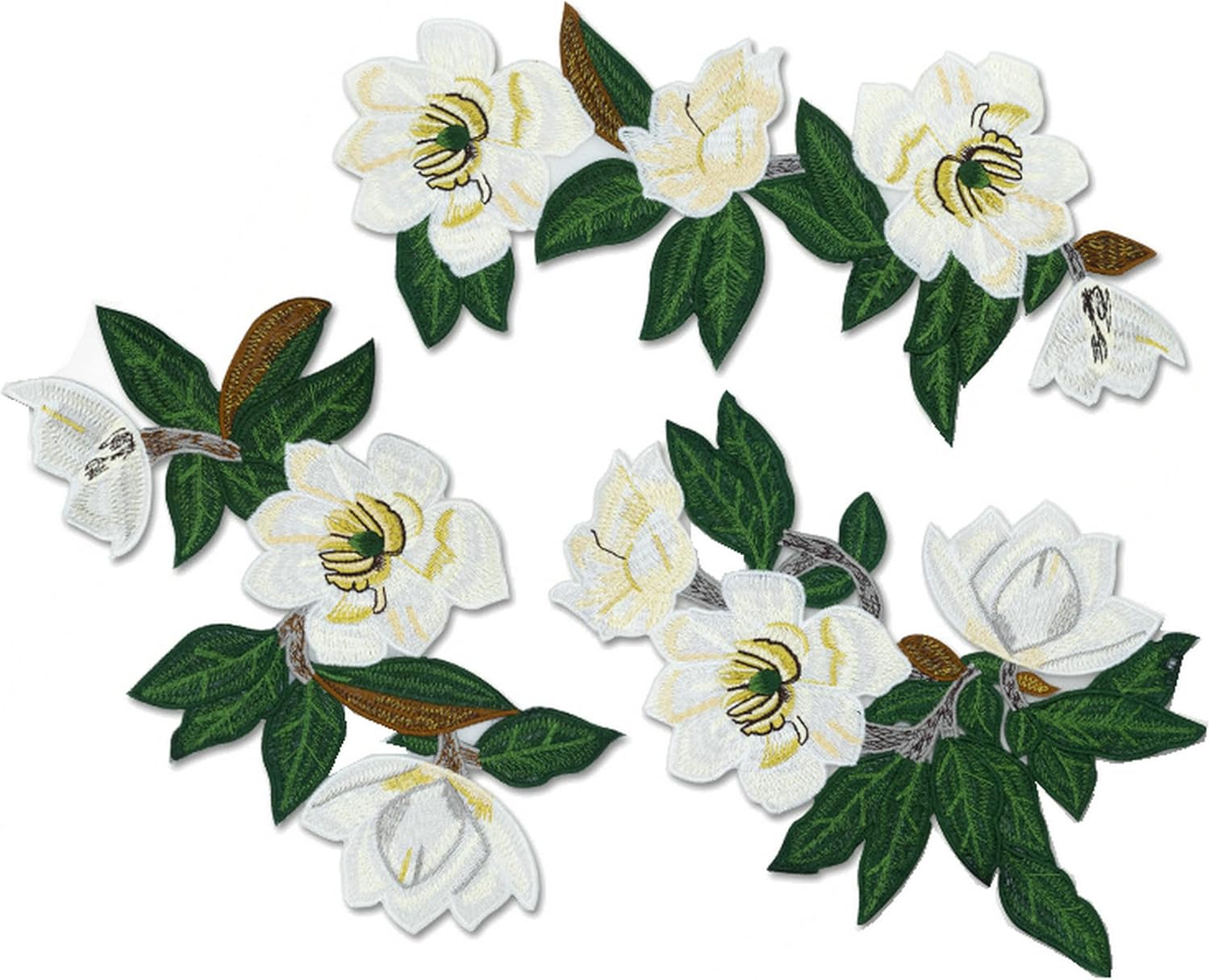 Embroidered White Magnolia Flower Patches Applique DIY, 3-Piece Set | Sew on Floral Appliques, Green Leaves, For Clothing Women Dress Blouse, DIY Patchwork