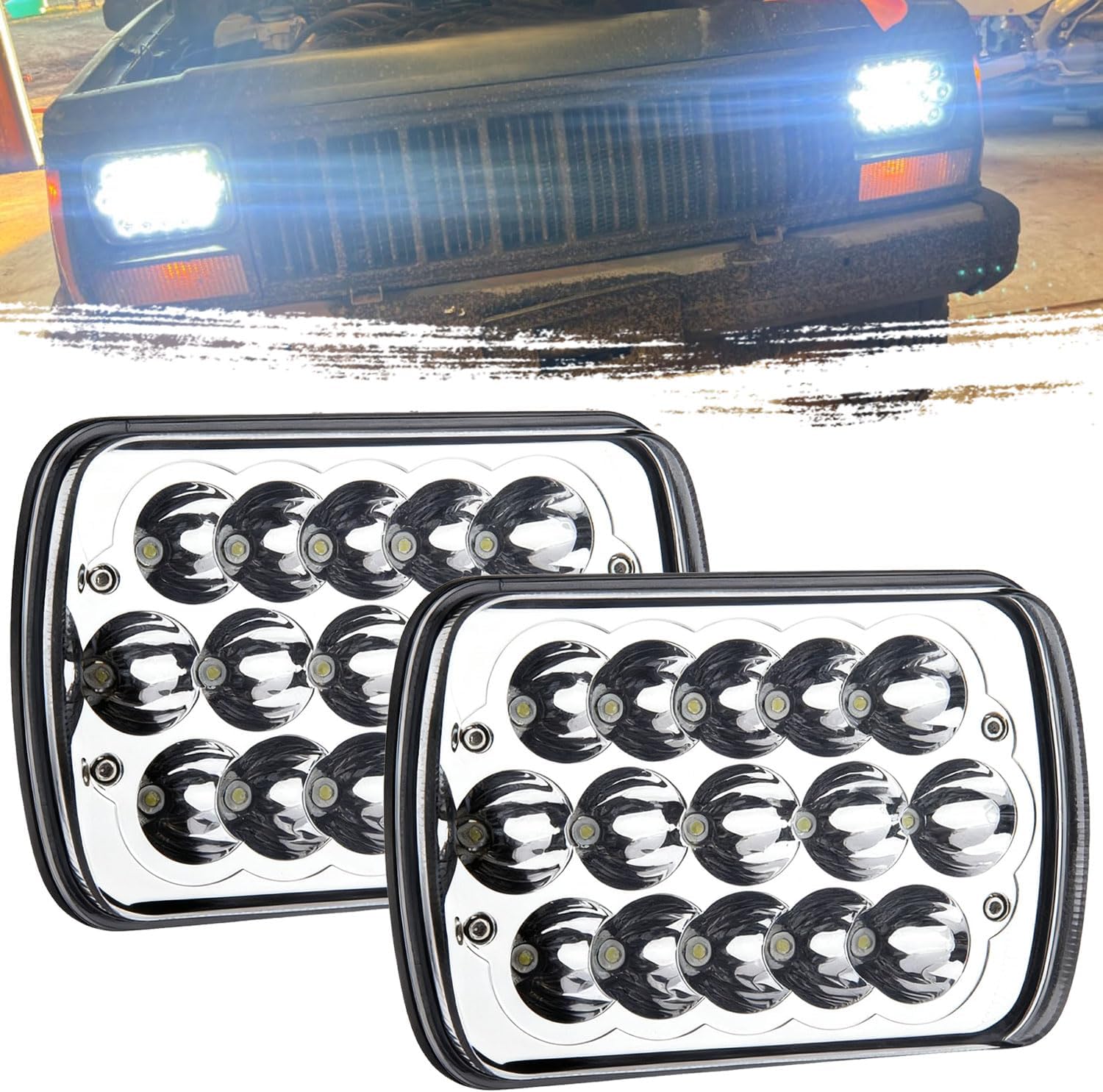 H6054 LED Headlights, 2Pcs Rectangular 5x7 7x6 LED Headlight Hi/Low Sealed Beam Headlamp H4 9003 Plug 6054 H5054 Compatible with Cherokee XJ/Wrangler YJ Puckup Truck Van