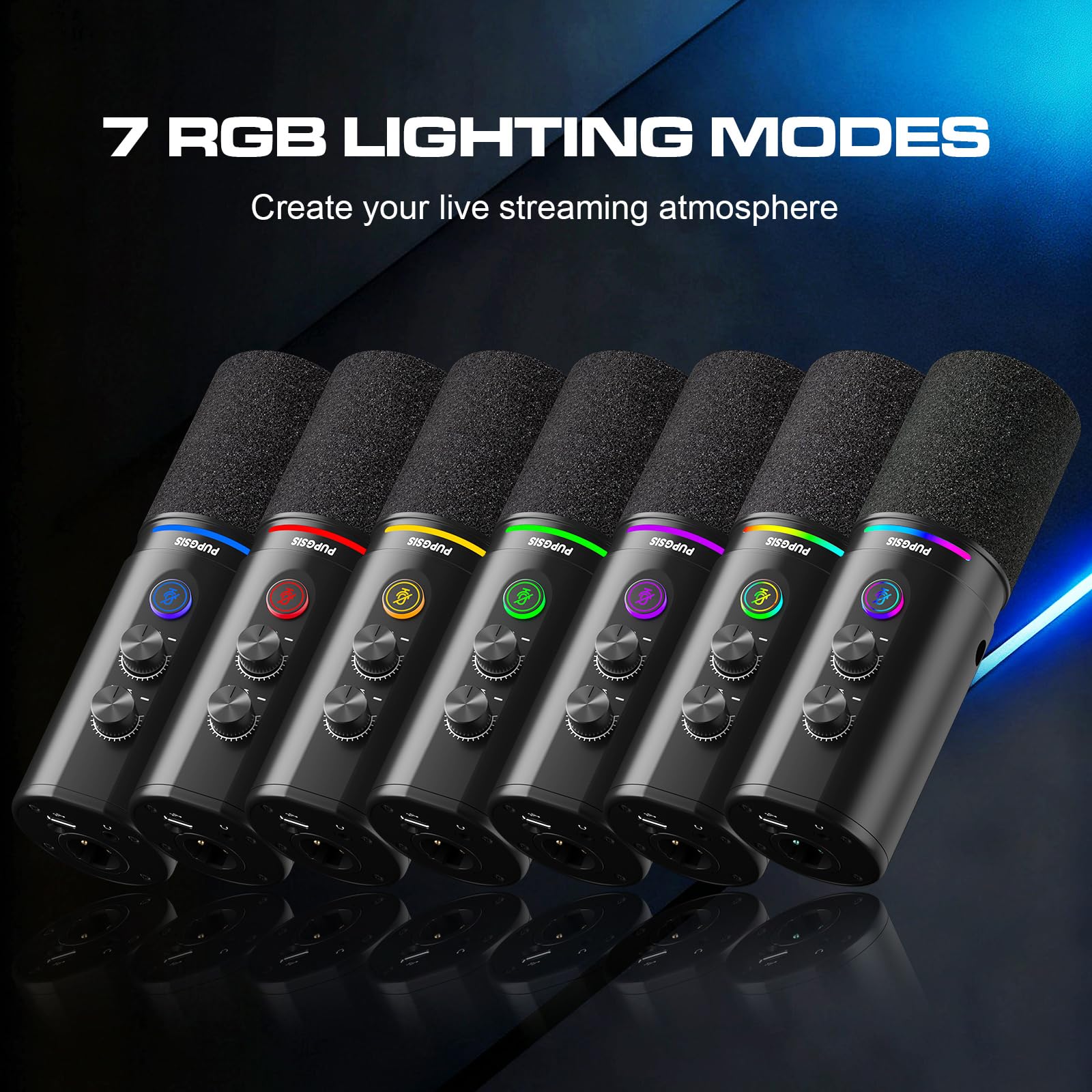 PUPGSIS Microfono per PC con registrazione podcast, microfono dinamico con pulsante mute, effetti riverbero, jack per cuffie, supporto da tavolo, uscite USB-C e XLR, microfono USB per giochi