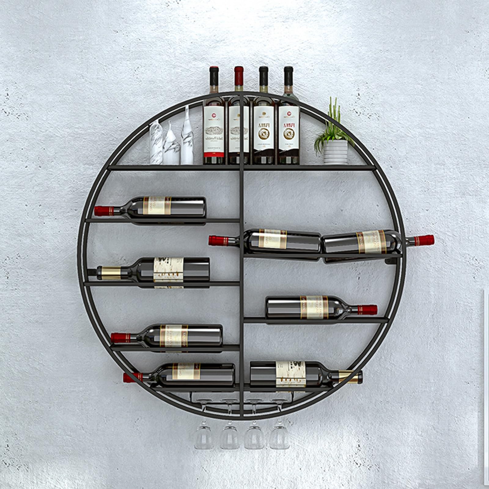 Generico Portabottiglie Moderno in Metallo con Porta calici e ripiano - Portabottiglie da Parete per riporre Bottiglie di Vino, per Bar di casa, Sala da Pranzo, Cucina - Organizer Multifunzionale (ne
