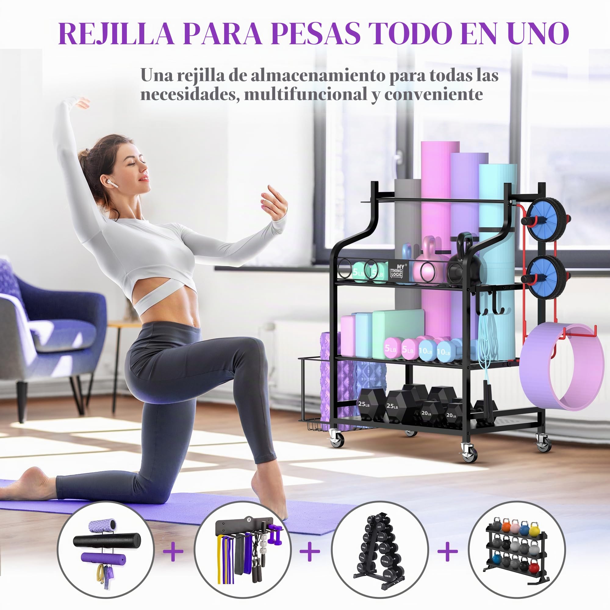 Mythinglogic Estante de Almacenamiento de Yoga Esterilla, Soporte Mancuernas También es Para Guardar Pesas Rusas, Rodillos de Espuma, Soporte Para Mancuernas con Ganchos y Ruedas
