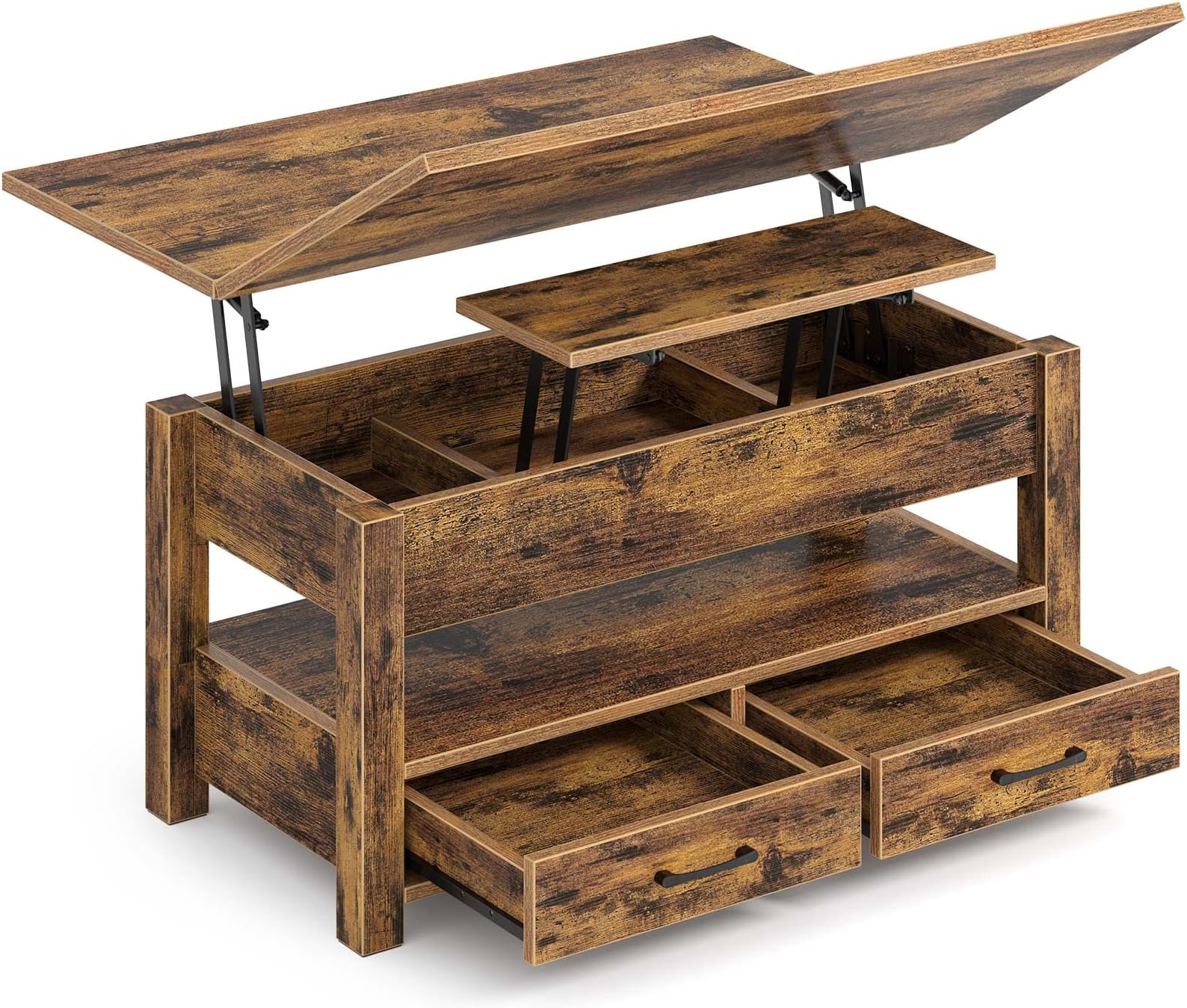 Rolanstar Coffee Table Lift Top, Multi-Function Convertible Coffee Table with Drawers and Hidden Compartment, Converts to Dining Table for Living Room, Home Office, Rustic Brown