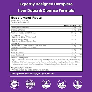 Liver Support Supplement with Milk Thistle Extract (80% Silymarin), Dandelion, Artichoke, Choline, Turmeric & Beet Root 27-in-1 Liver Health Formula, 60 Vegan Capsules