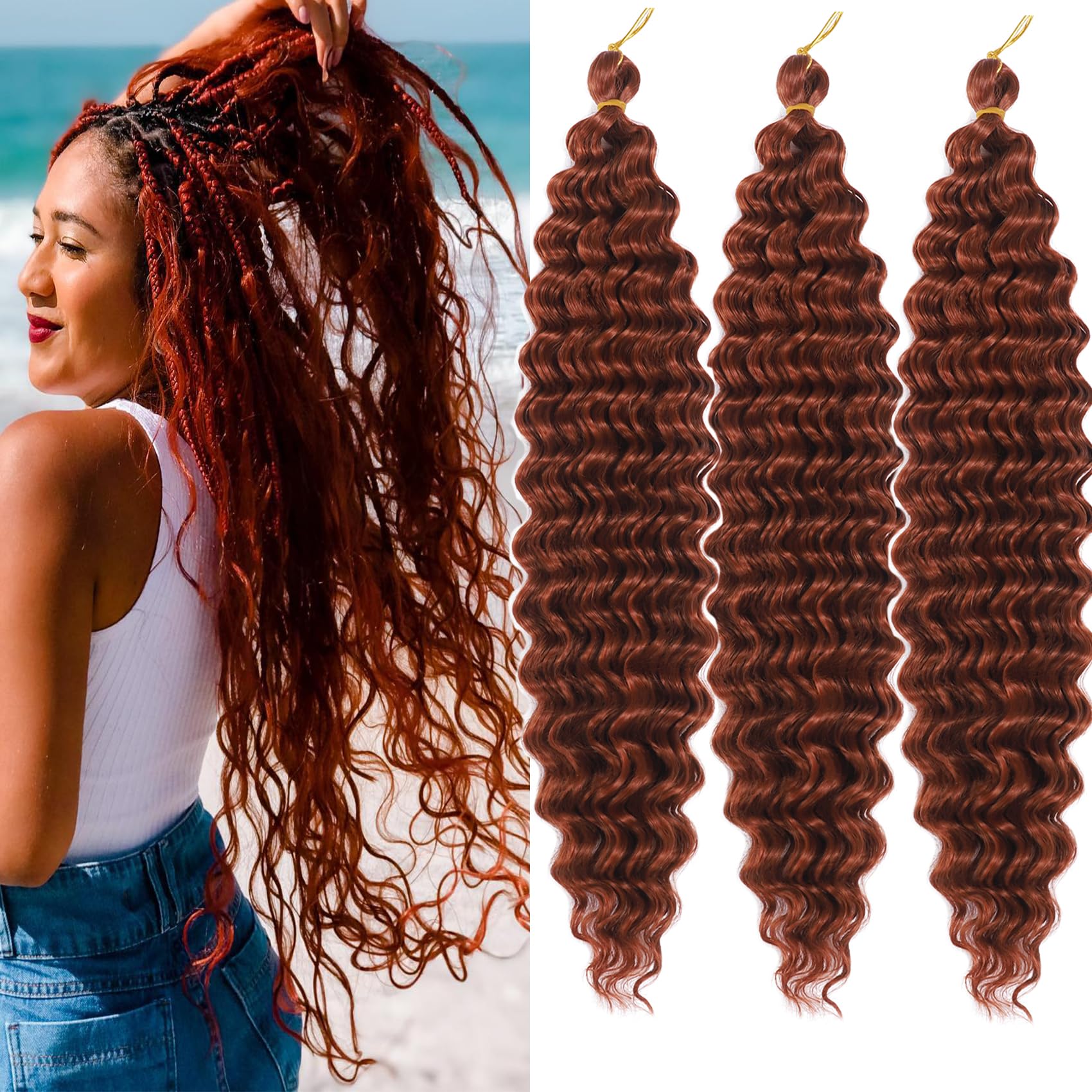 Photo 1 of Paraglame Ginger Deep Wave Braiding Hair 18 Inch Ocean Wave Crochet Hair 350 Color 3 Packs Curly Braiding Hair for Goddess Braids Copper Synthetic Wavy Braiding Hair for Women(3Packs, 350#)