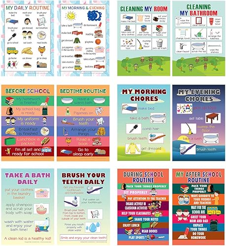 Creanoso Carteles educativos de rutinas diarias (paquete de 12) Ideas de regalos de diseño para niños y niñas Actividades divertidas Set de