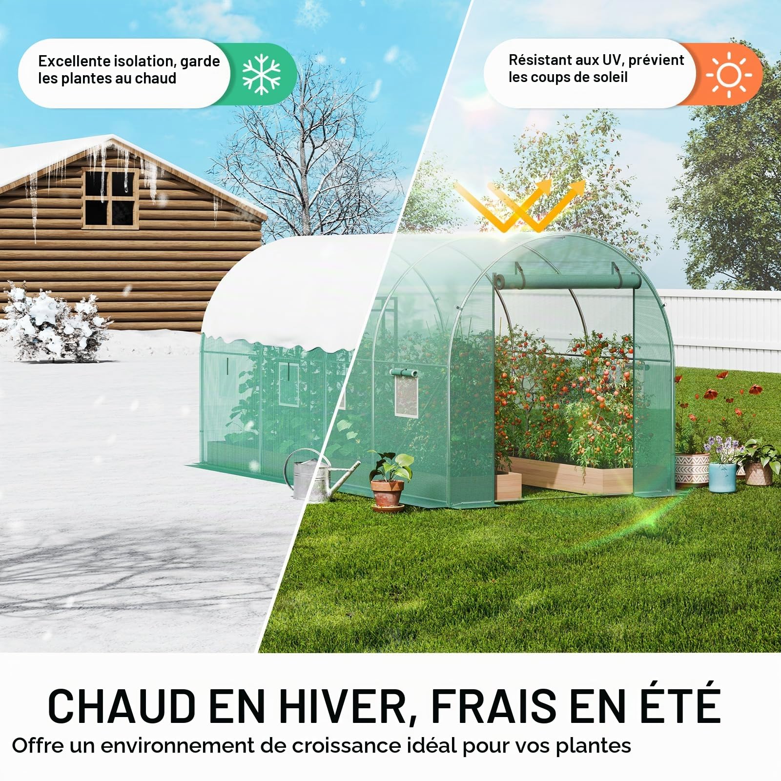 VEVOR Serre Tunnel Jardin, 345x195x192 cm, Tente Abri Plantes avec Cadre en Acier Galvanisé, Couverture en PE Verte, Porte à Glissière Enroulable, 6 Fenêtres, pour Extérieur Cultiver Légumes Fleurs