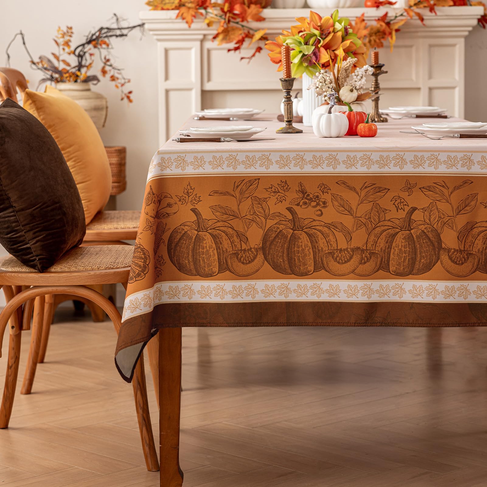 Romanstile Tovaglia antimacchia Rettangolare 180x140 cm Tovaglie da esterno impermeabile con motivi di zucca e foglie d'acero d'oro moderna Decor autunnale per halloween, cucina, caffè (6-8 posti)