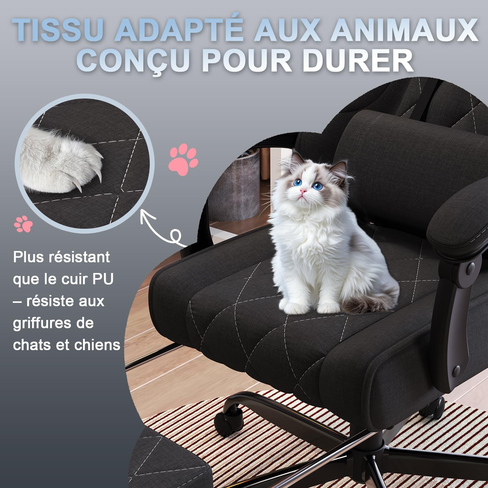 Devoko Chaise Gaming Ergonomique en Tissu, Chaise Bureau Gamer avec Repose-Pieds, Dossier Inclinable, Hauteur Réglable, Massage Lombaire, Fauteuil Gamer Respirant et Anti-Griffes pour Chat, Noir