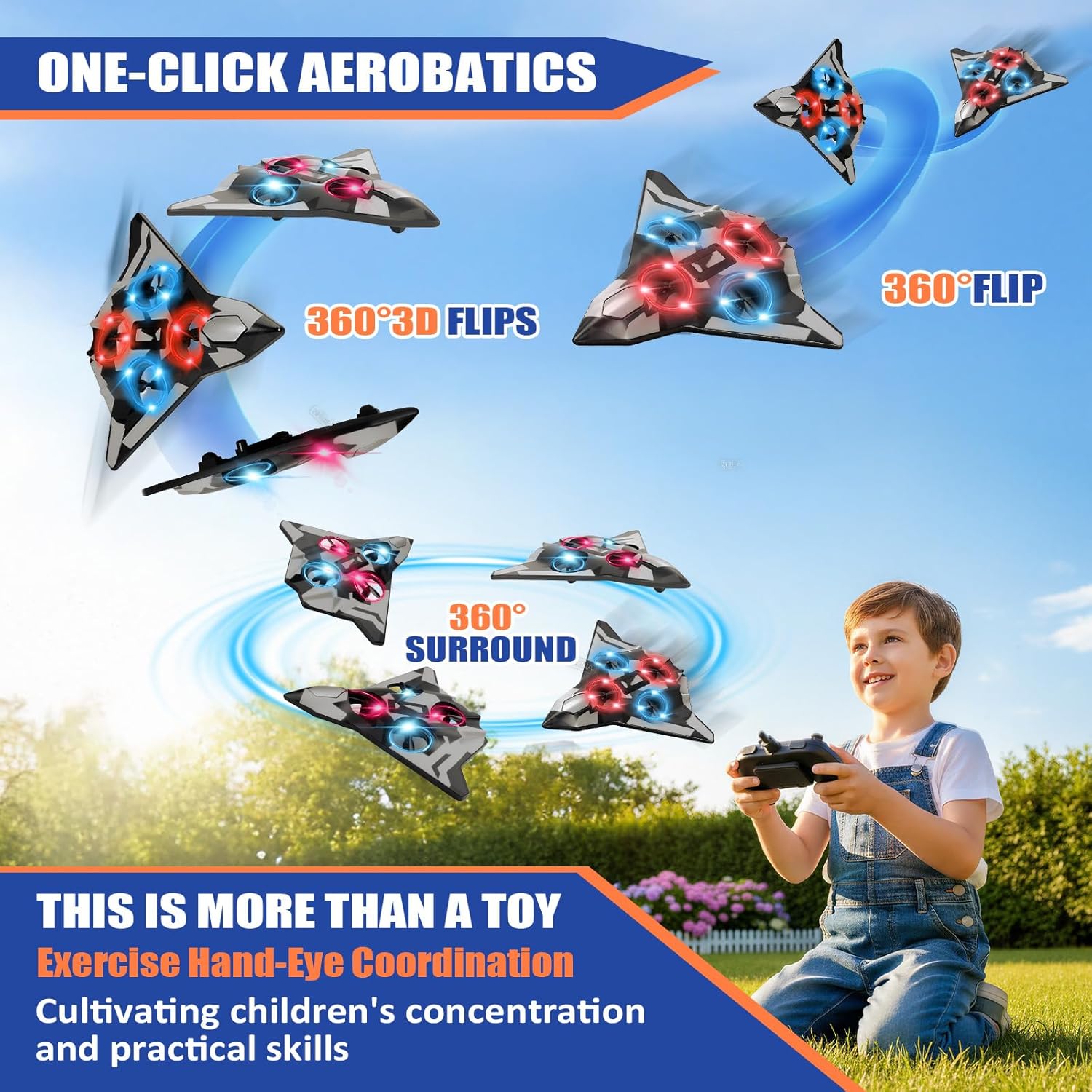 Foam Remote Control Airplanes for Kids & Adults | Easy Control, Great for Beginner and Teenagers, with Stable Hovering, 360° Flips, Circle Fly, LED Light, 2.4Ghz, Christmas & Birthday Gifts