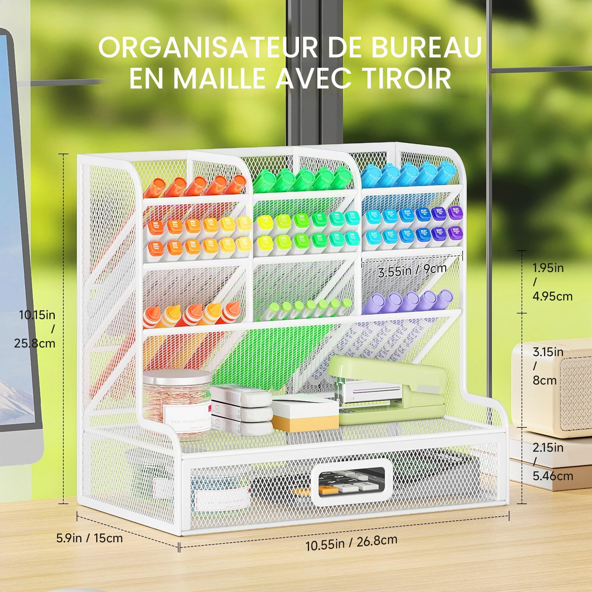 VITVITI Organiseur de Bureau à 4 Niveaux avec Tiroir, 10 Compartiments Porte-stylos pour le Rangement du Bureau - Blanc
