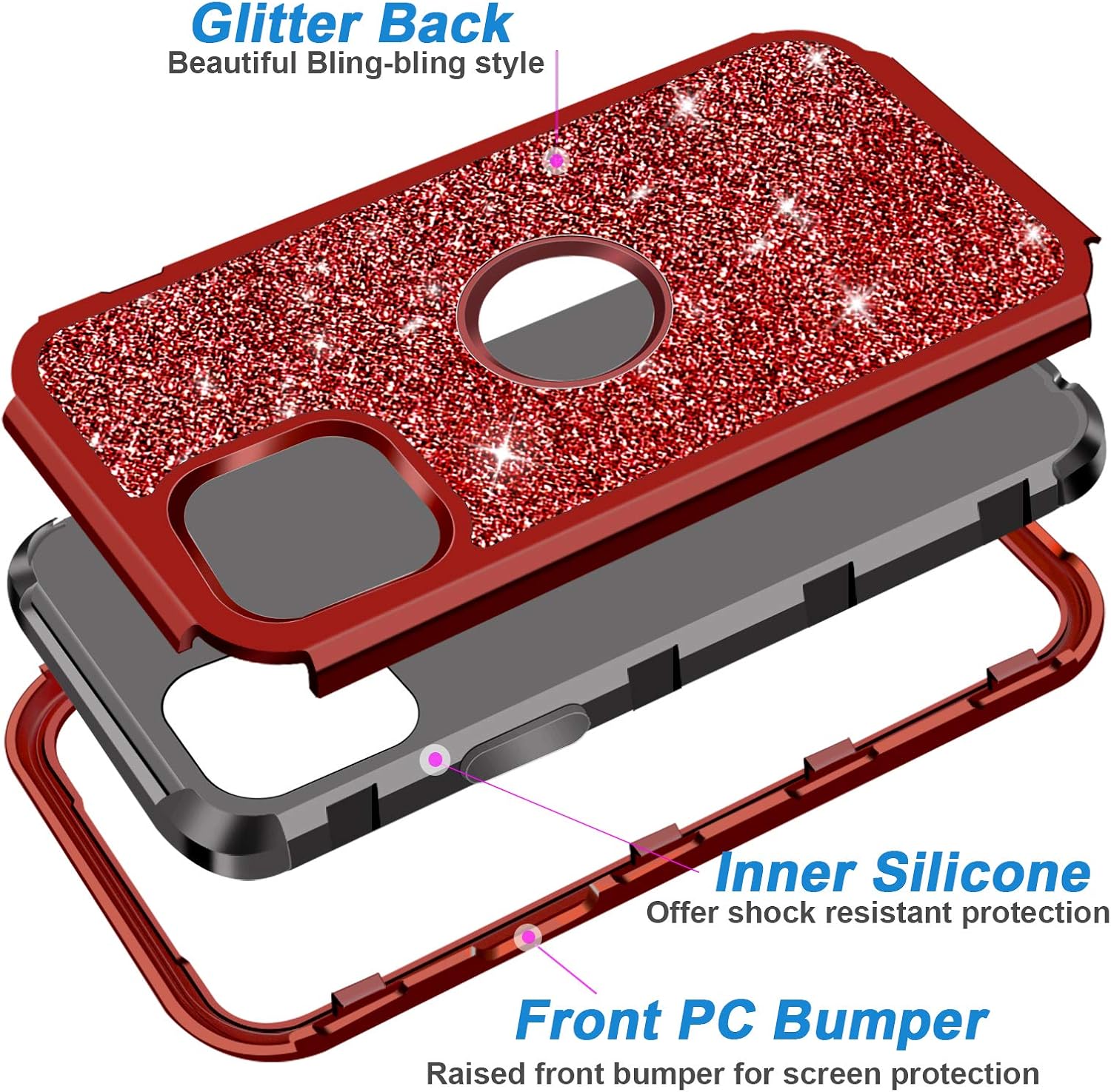 Hython Compatible with iPhone 12 Pro Max Case, Heavy Duty Defender Protective Case Bling Glitter Sparkle Hard Shell Hybrid Shockproof Rubber Bumper Cover for iPhone 12 Pro Max 6.7-inch 2020, Red