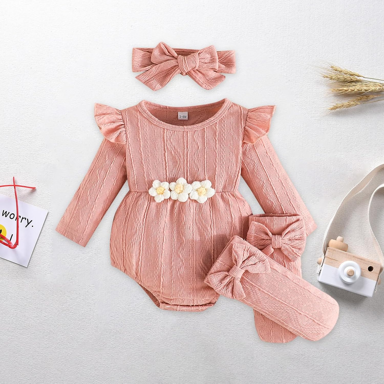 Newborn Infant Baby Girl Cotton Baby Romper Knitted 3d Flower Clothes Long Sleeve Warm Sweater Outfit With Socks - Image 6