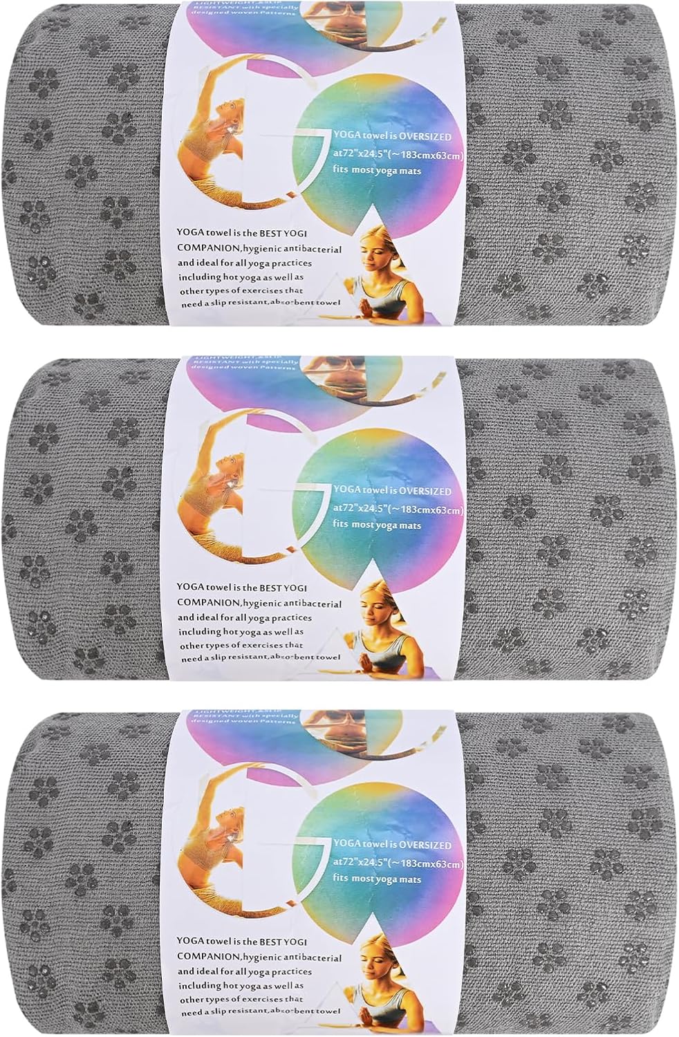 3 Pack Hot Yoga Towels with Plum Blossom Dots, Dark Grey Non-Slip Yoga Mat Towel, Super-Absorbent Soft Suede Microfiber Towel for Hot Yoga, Pilates, Bikram and Exercise Workout(24" x72",Dark Grey)