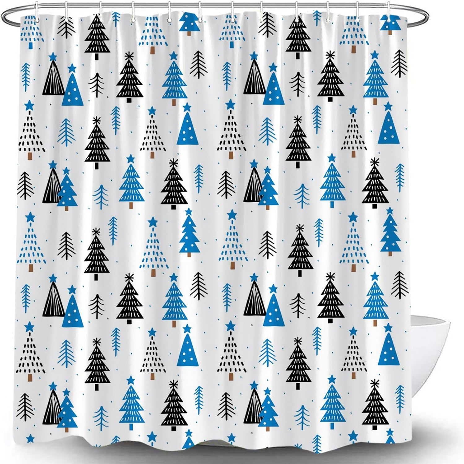 Winter Christmas Shower Curtain Black Blue Christmas Tree Snowy Forest Pine Tree Rustic Farmhouse Nature Scene Xmas Holiday Happy New Year Fabric Bathroom Curtain with Hook
