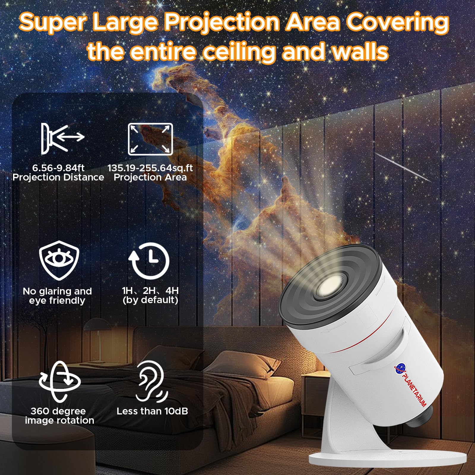 Sternenhimmel Projektor, Realistischer Planetarium Projektor mit 10 Filmscheiben, Timer-Aus-Steuerung und 8-Farbigem Nachtlicht, 360° Drehbar, Superbreite Deckenabdeckung für Schlafzimmer