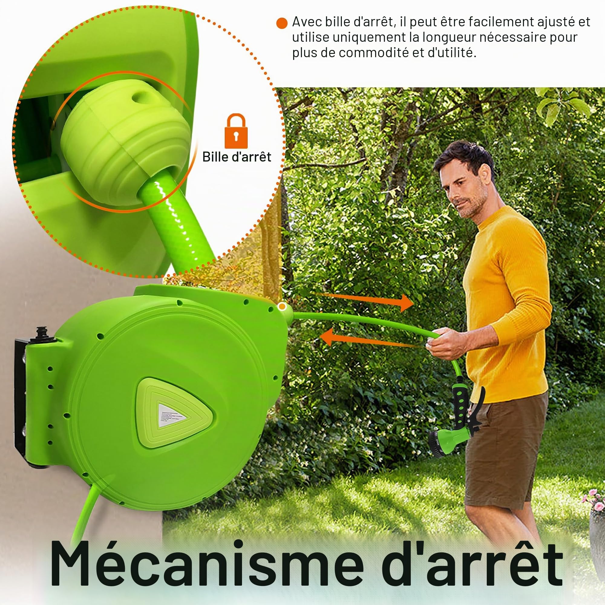 Aufun Enrouleur Tuyau Arrosage 20m + 2m automatique avec douchette, raccord 3/4" orientable à 180, Verrouillage à n'importe Quel Point, pour jardin, arrosage, lavage de voiture (Vert, 20m)