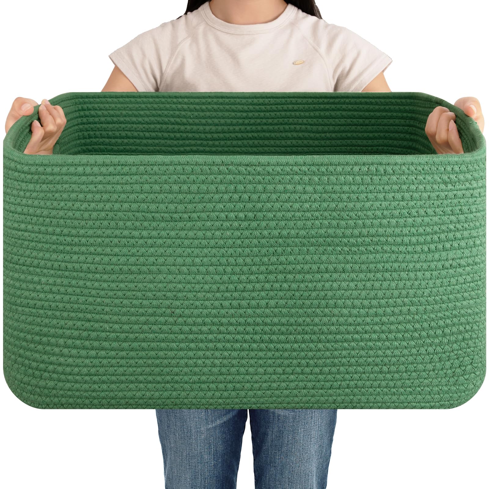 OIAHOMY 75L Large Blanket Basket Woven Storage Basket with Handle Green